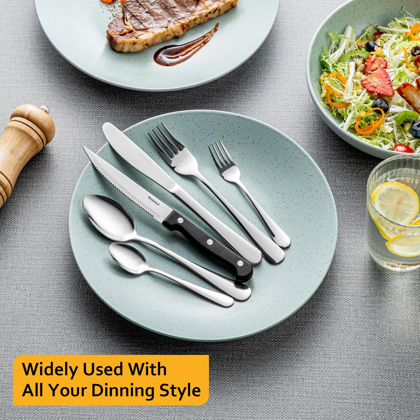 Velaze 48 Pcs Silverware Set for 8 with Steak Knives, Stainless Steel Flatware Set, Mirror Polished Cutlery Sets, Forks Spoons and Knives Set, Home Kitchen Eating Tableware Set, Dishwasher Safe