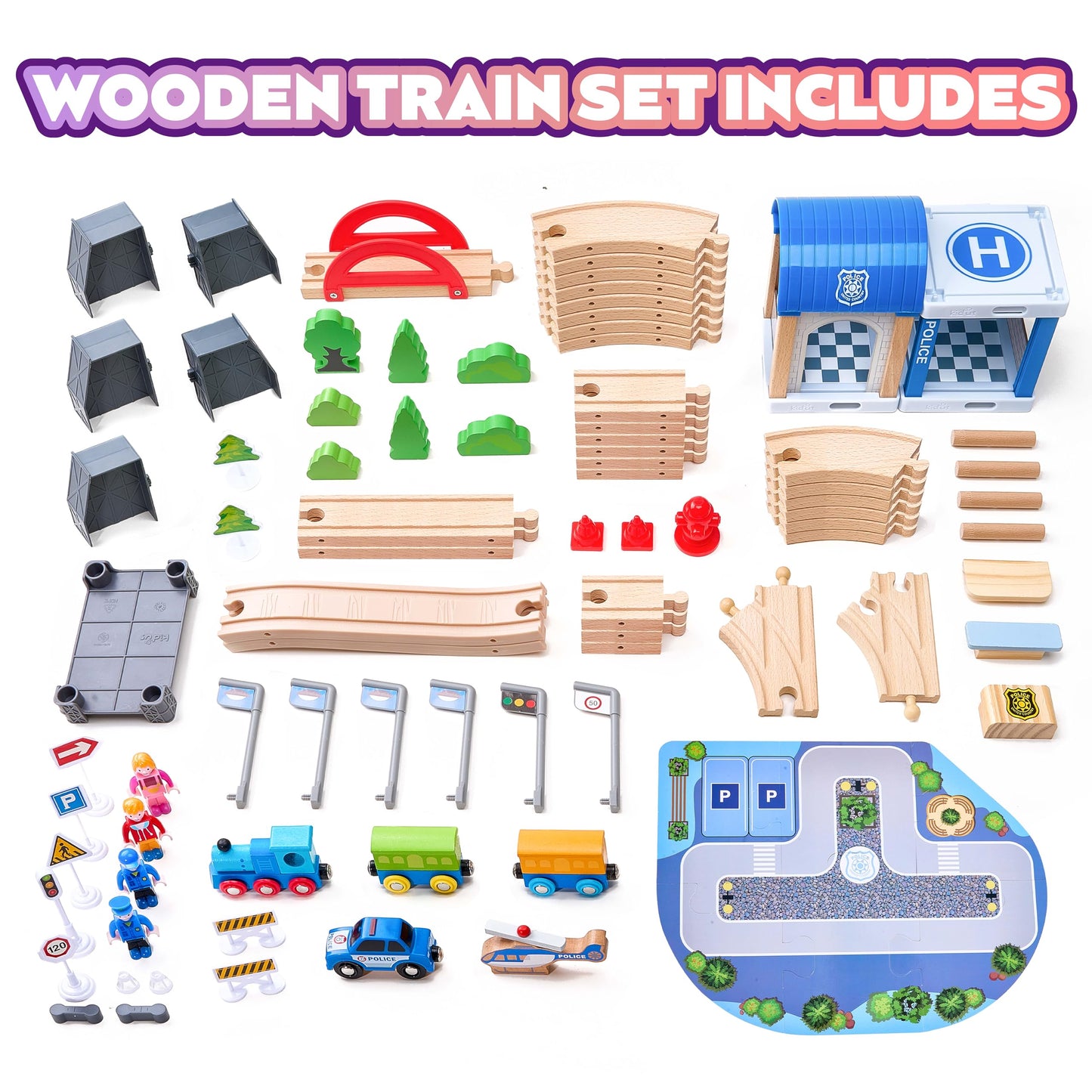 102-Piece Wooden Train Set for Kids Ages 3-8