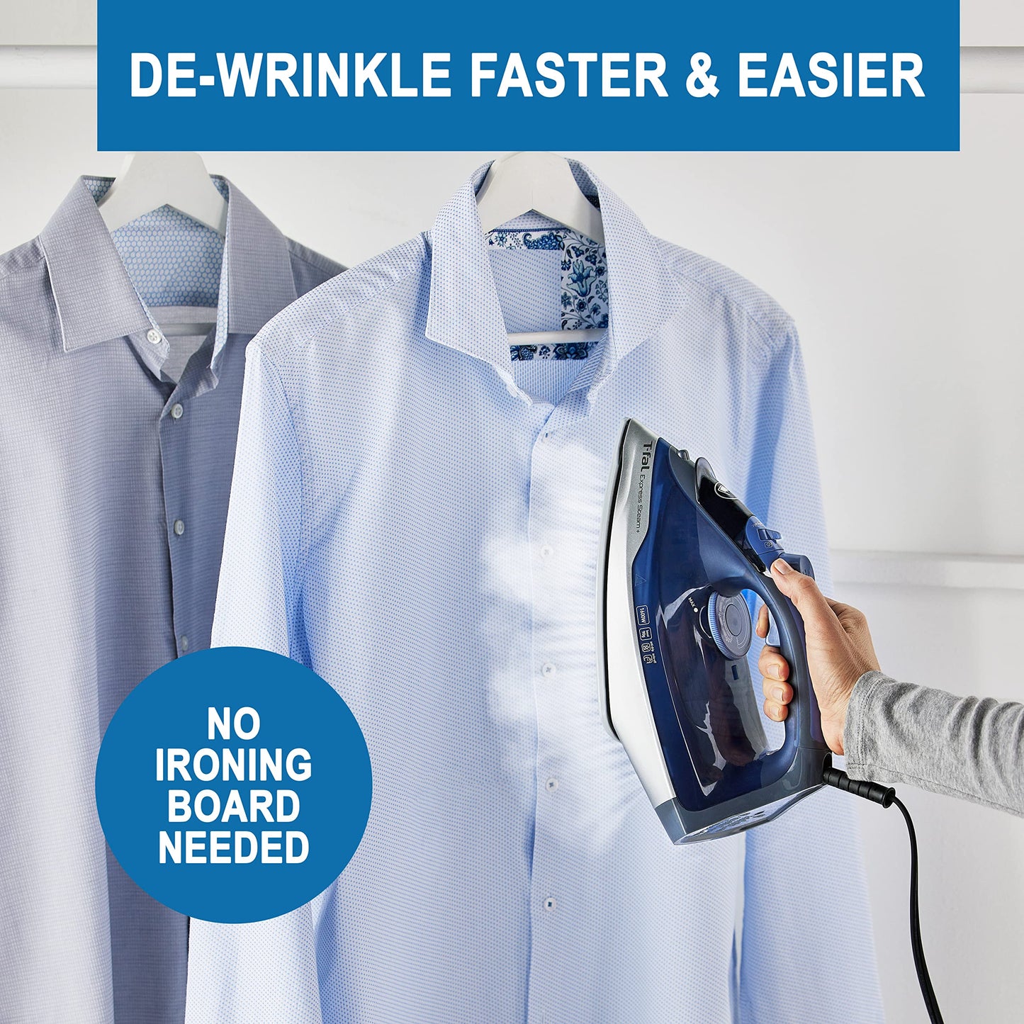 T-fal, Iron, Express Steam Iron for Clothes, Durilium Soleplate, Precision Tip, 30 Second Auto Shut Off, 1600 Watts, Anti-Drip, Ironing, Blue Clothes Iron, FV2886U0