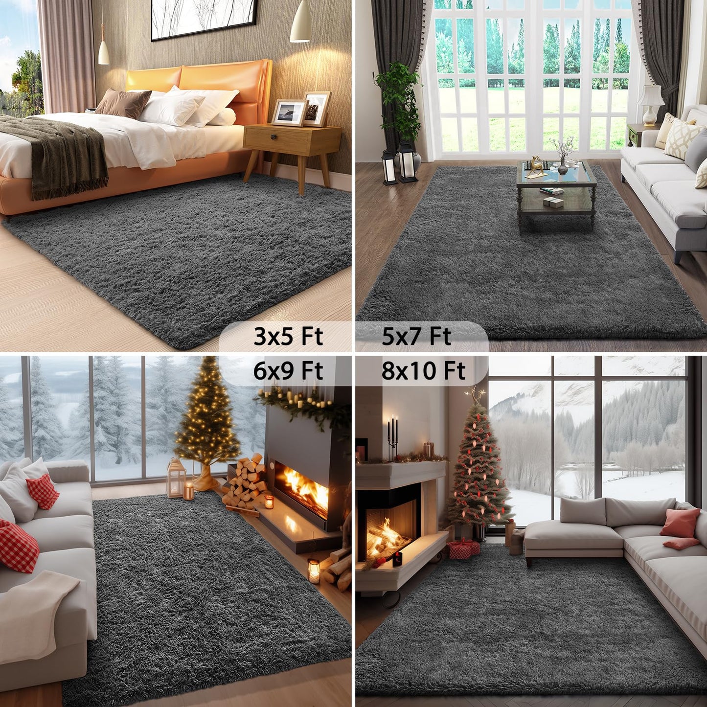 Fluffy Gray Shag Area Rug for Bedroom