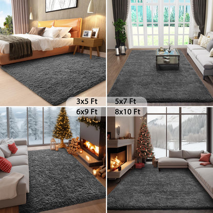 Fluffy Gray Shag Area Rug for Bedroom