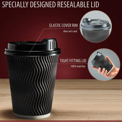 100 Insulated Disposable 12 oz Coffee Cups With Lids and Straws