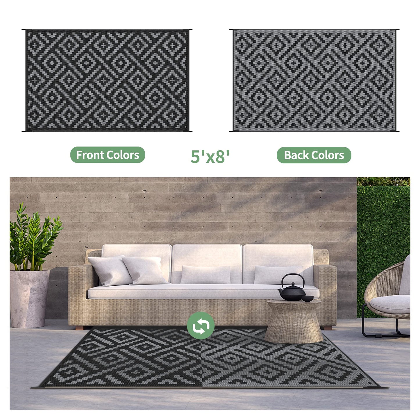 GENIMO Waterproof Outdoor Patio Rug, 5'x8' Reversible