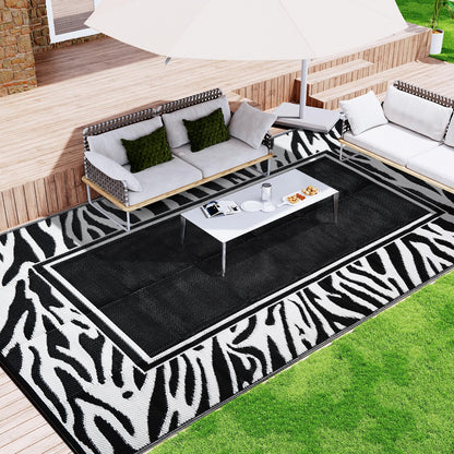 WondRg Outdoor Waterproof Patio Rug 5x8 Plastic Straw Reversible Lightweight Outdoor Area Carpet for Camping RV Picnic Backyard Deck Balcony Porch Beach Black and White Zebra