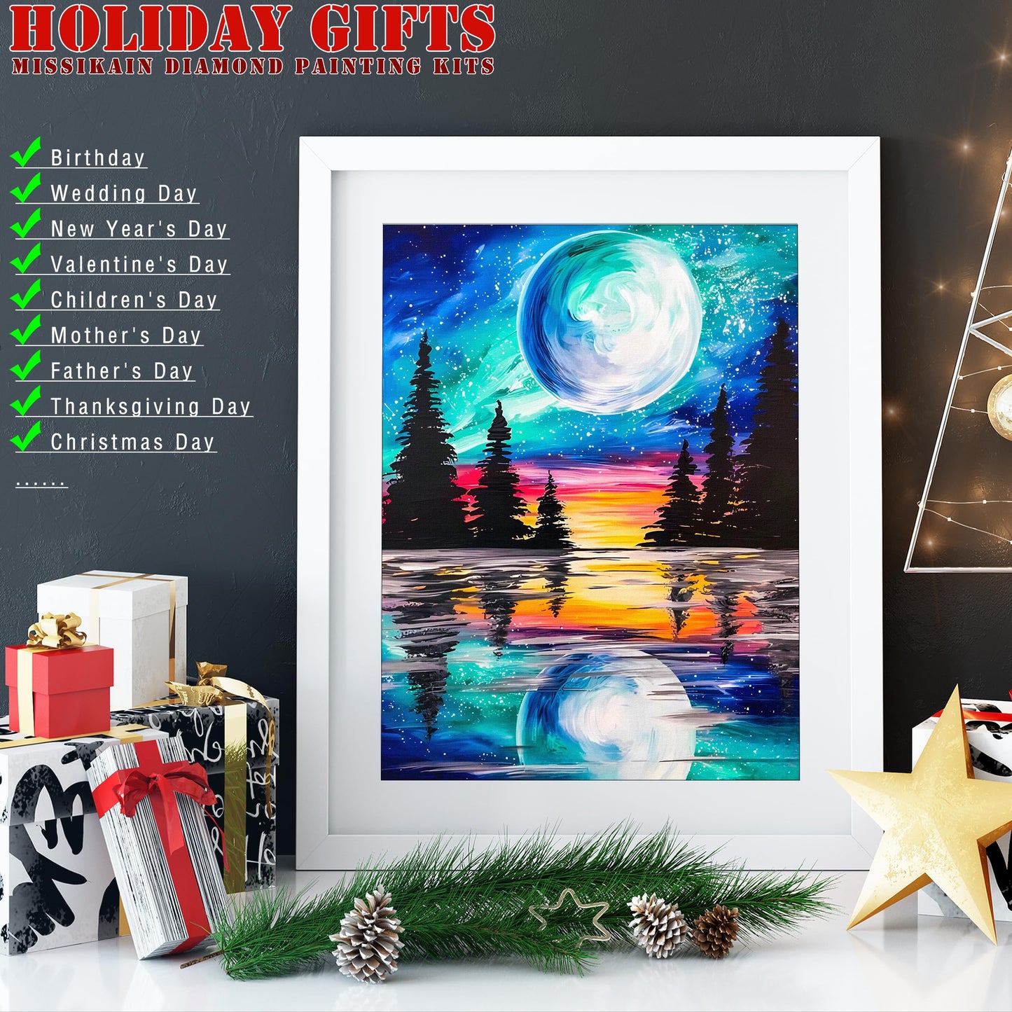 MISSIKAIN 5D Diamond Painting Art Kits for Adults Moon Reflection, DIY Abstract Landscape Diamond Painting Arts Crafts for Home Decor Gift, Paint with Diamonds by Numbers for Beginners, 12x16 Inch