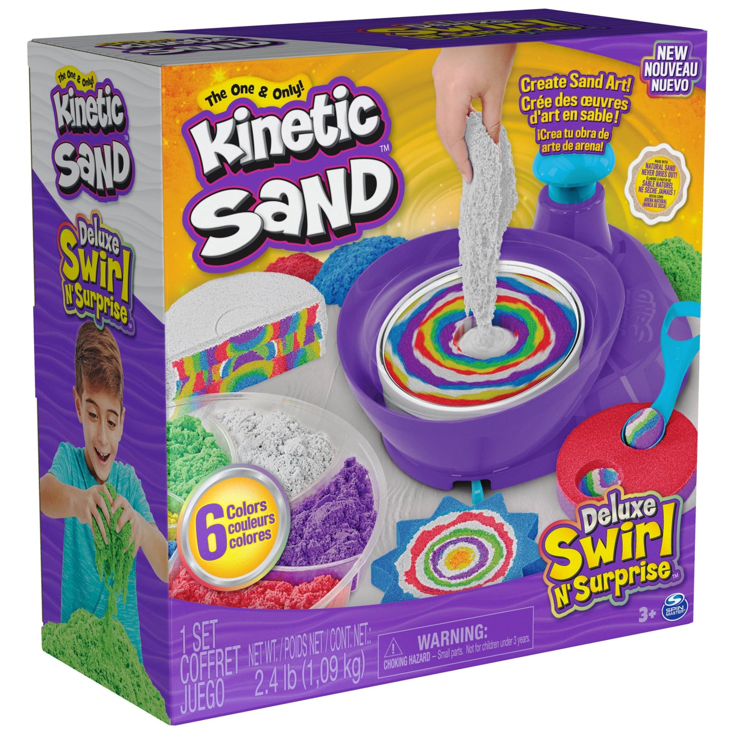 Kinetic Sand, Deluxe Swirl N’ Surprise Playset, 2.5lbs of Play Sand (Red, Blue, Green, Yellow, White and Purple) & 4 Tools, Easter Basket Stuffers