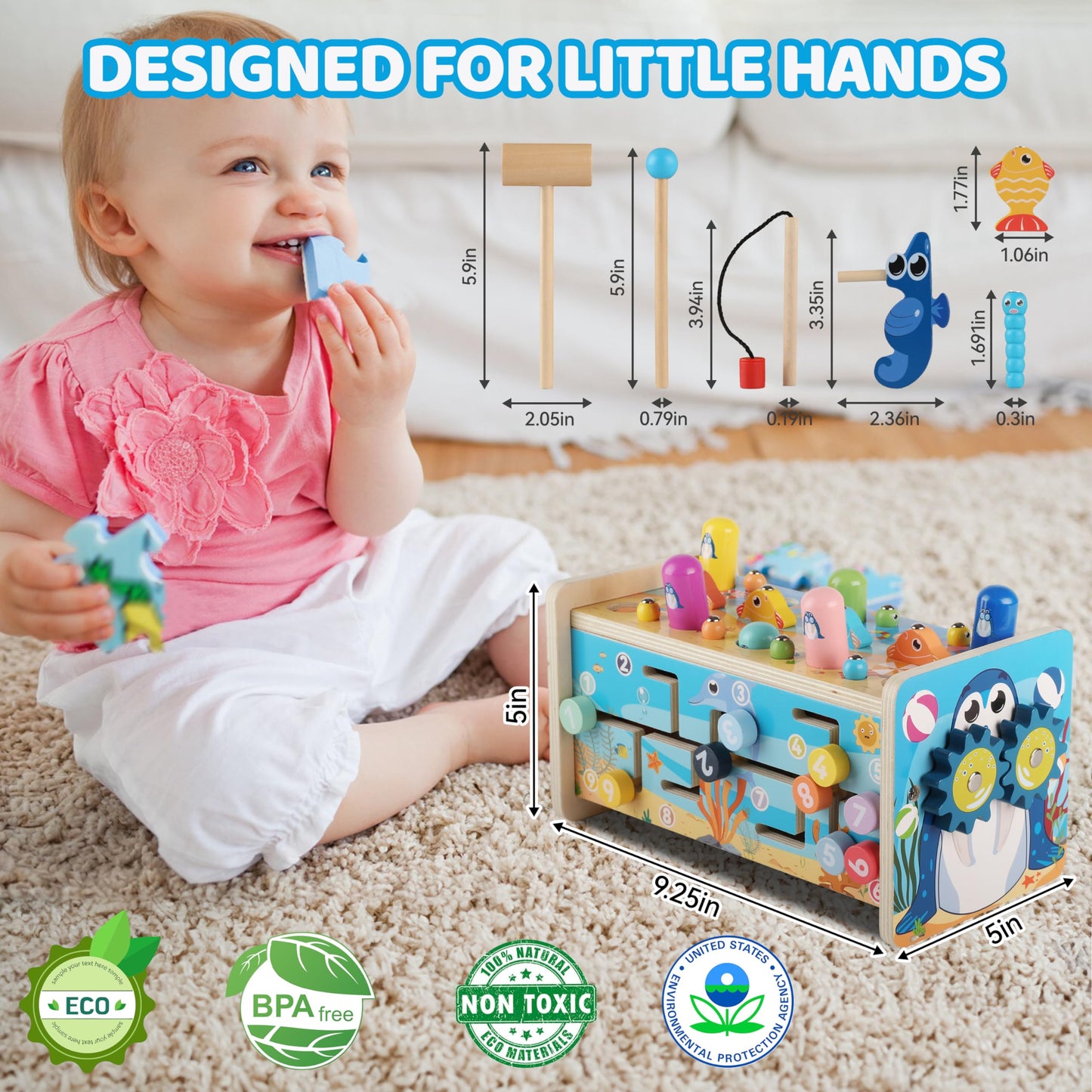 GENTEACO 7 in 1 Hammering Pounding Toy Wooden Montessori Toys for 3 Year Old, Sensory Toys with Xylophone and Fishing Game for Toddlers 1-3, Educational Learning Toys for Kids Activities Gift