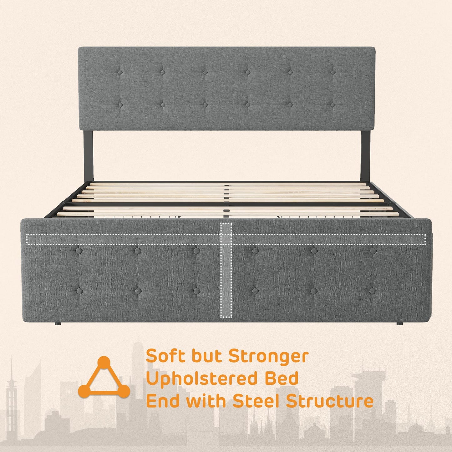 Alkmaar Queen Bed Frame with 4 Storage Drawers,Upholstered Bed Frame Platform with Adjustable Headboard No Box Spring Needed