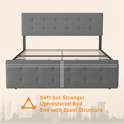 Alkmaar Queen Bed Frame with 4 Storage Drawers,Upholstered Bed Frame Platform with Adjustable Headboard No Box Spring Needed