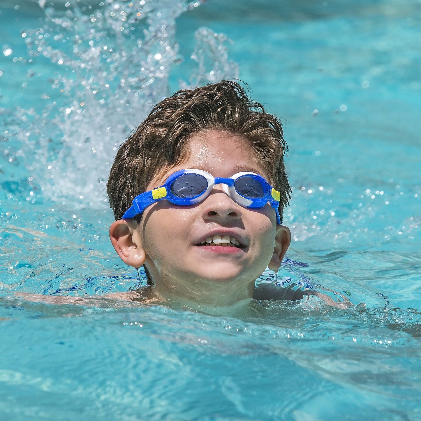 Sloosh Kids Swim Goggles (2 Pack), Swimming Goggles No Leaking Wide View Anti-Fog Anti-UV for Boys & Girls Teens (Black & Blue)
