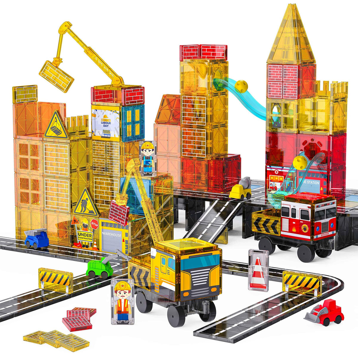 Magnetic Tiles Marble Run Construction Truck Building Set