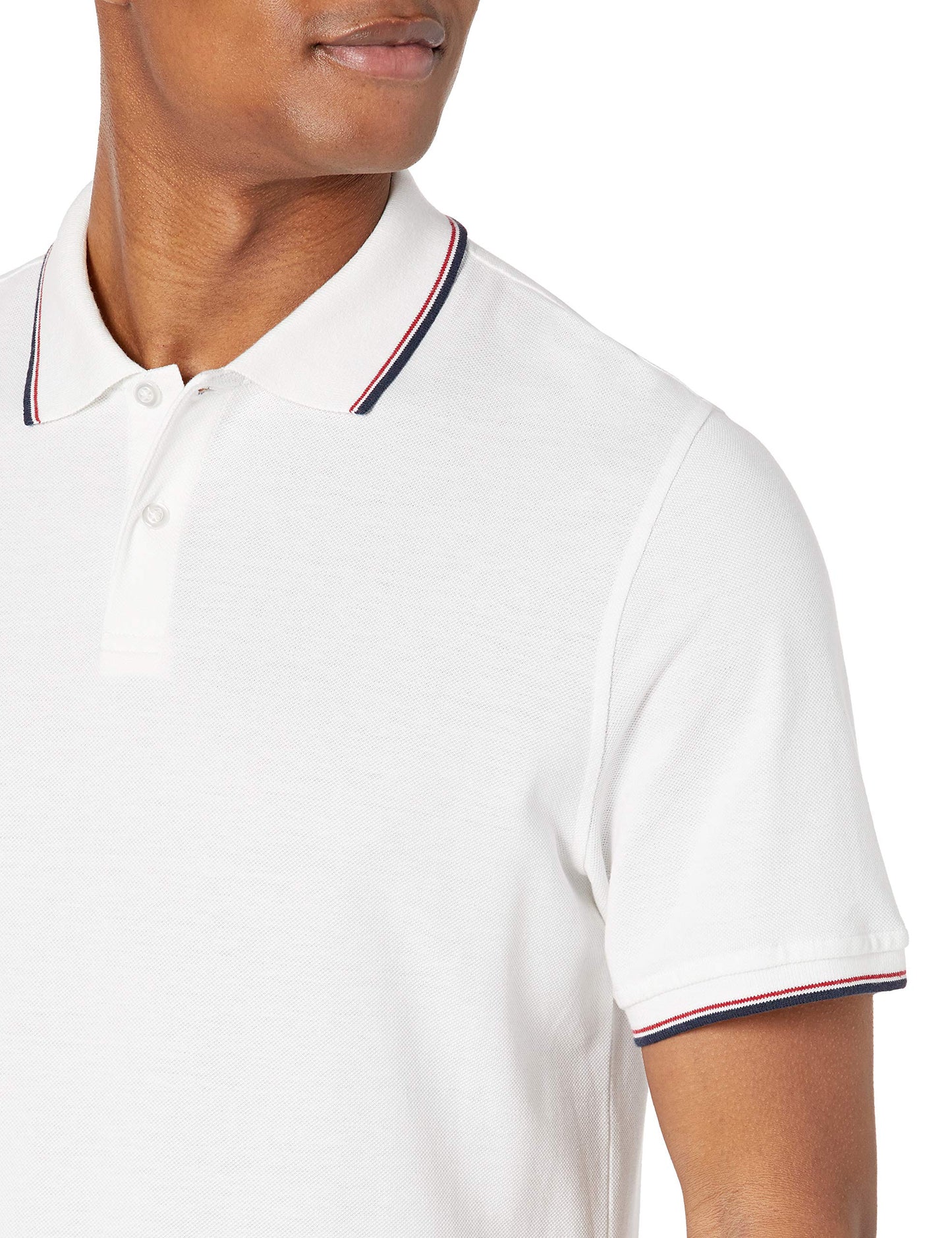 Amazon Essentials Men's Slim-Fit Cotton Pique Polo Shirt, White/Red/Navy, Medium