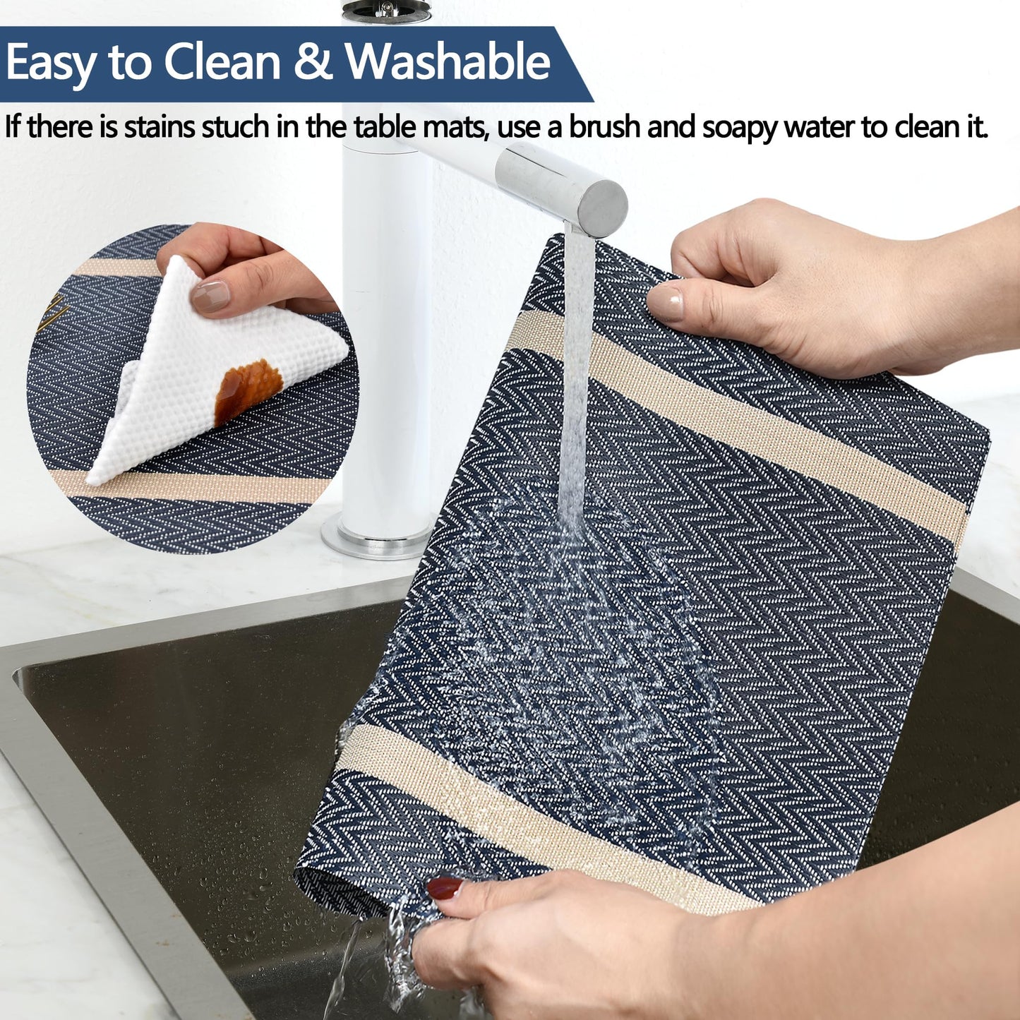 SLKQG Blue Placemats Set of 4 - Easy Clean Modern Durable Washable Vinyl Place Mats - Heat Resistant Placemats for Kitchen Table - PVC Table Mats for Dining Table (Blue with Stripes, 4)