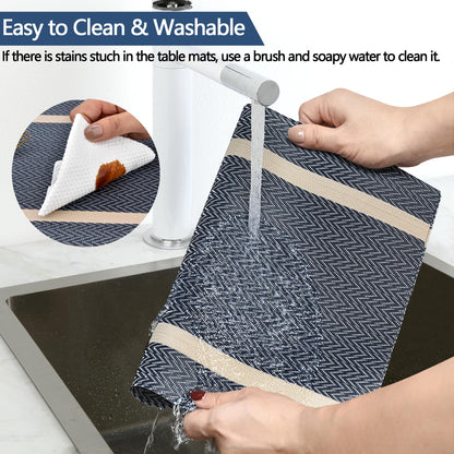 SLKQG Blue Placemats Set of 4 - Easy Clean Modern Durable Washable Vinyl Place Mats - Heat Resistant Placemats for Kitchen Table - PVC Table Mats for Dining Table (Blue with Stripes, 4)