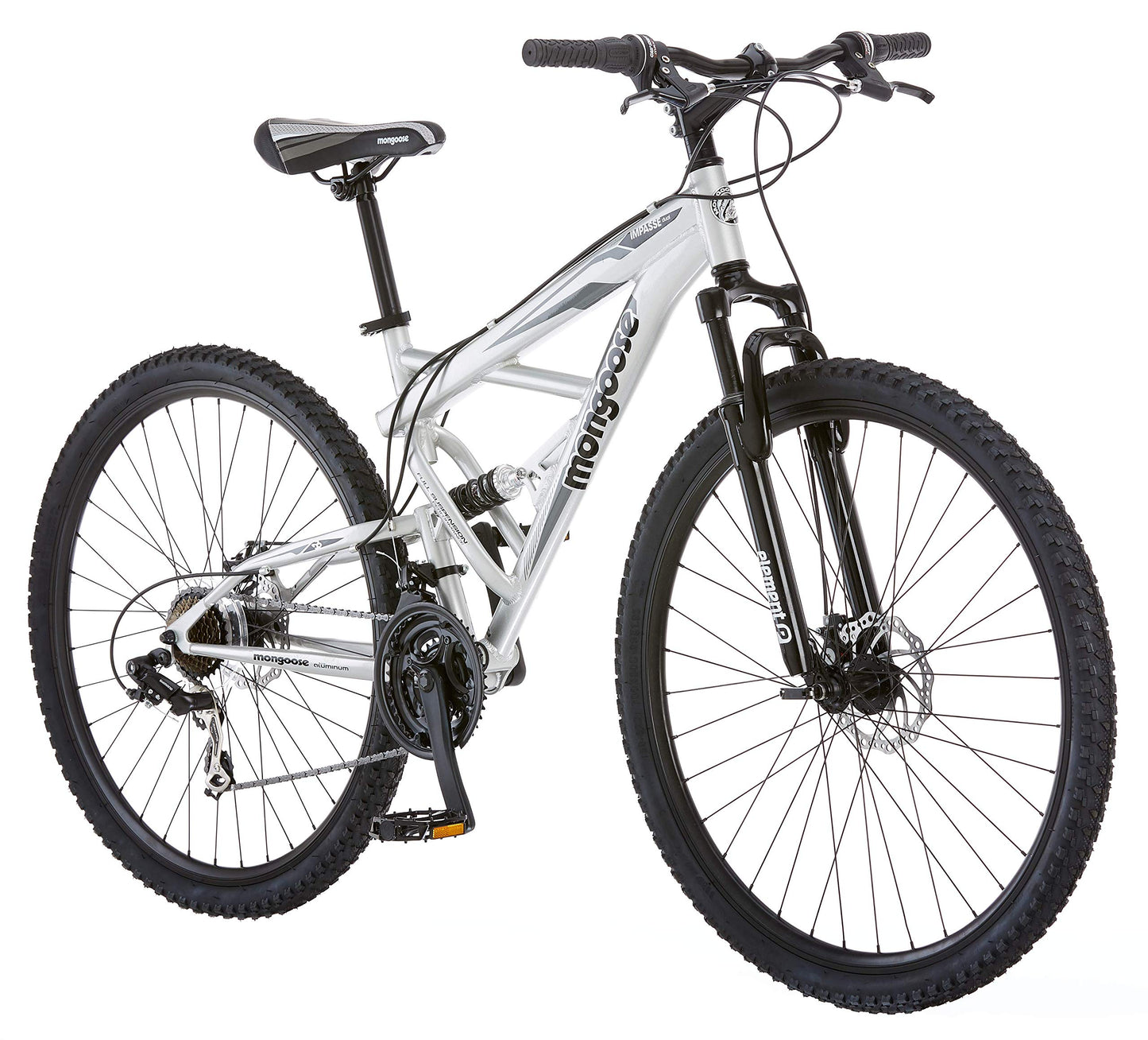 Mongoose Impasse Full Suspension Mountain Bike, Men and Women, 18-Inch Aluminum Frame, 29-Inch Wheels, Front and Rear Disc Brakes, Twist Shifters, 21-Speed Rear Deraileur, Silver