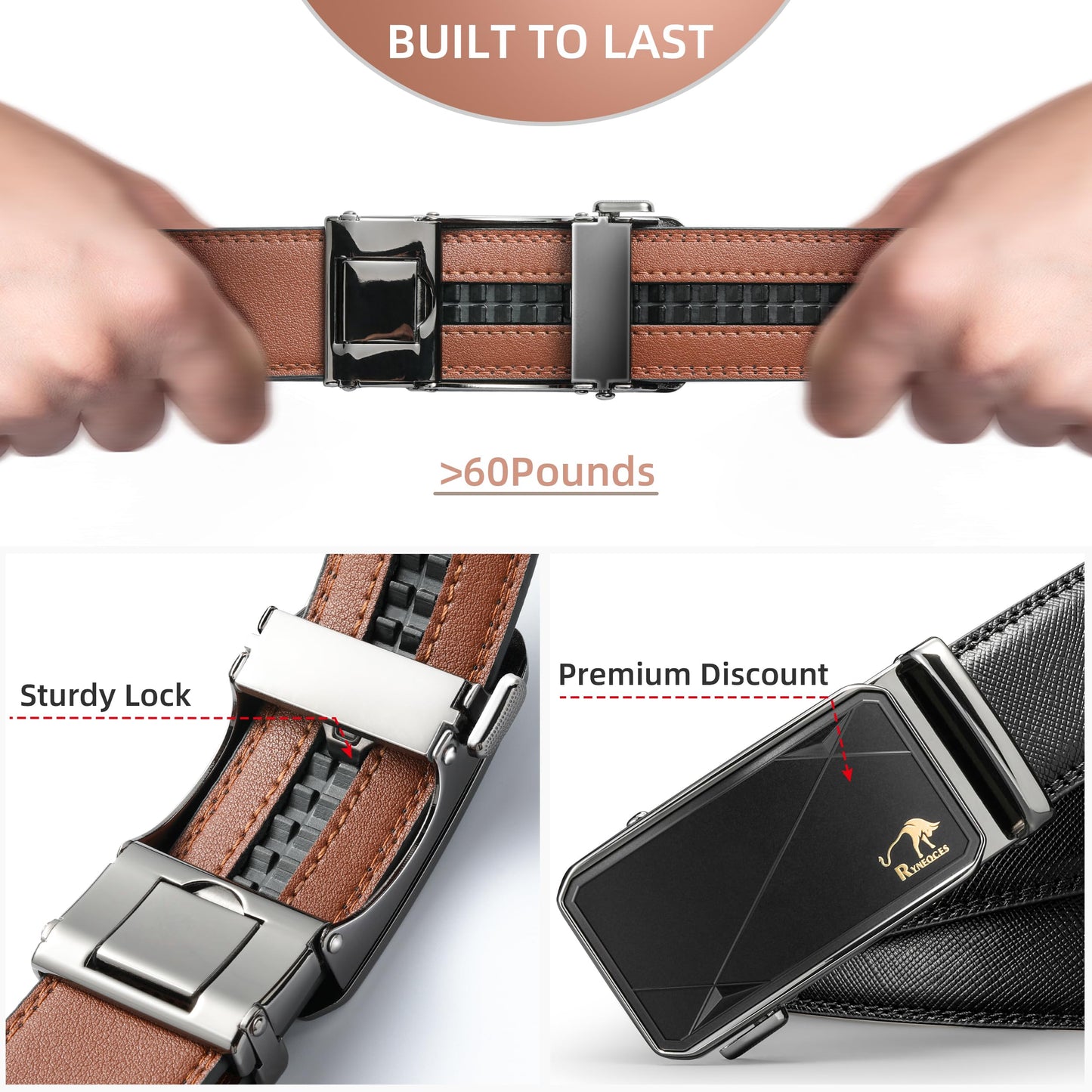 RYNEOCES Ratchet Belt for Men, 1 3/8" Genuine Leather Belt with Sliding Adjustable Buckle, Men's pants shirt belt, Elegant Gift Box (Black2444-1, 28-34 Waist Adjustable)