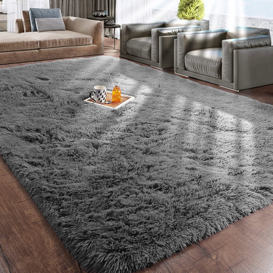 Fluffy Grey Non-Slip Area Rug for Bedrooms