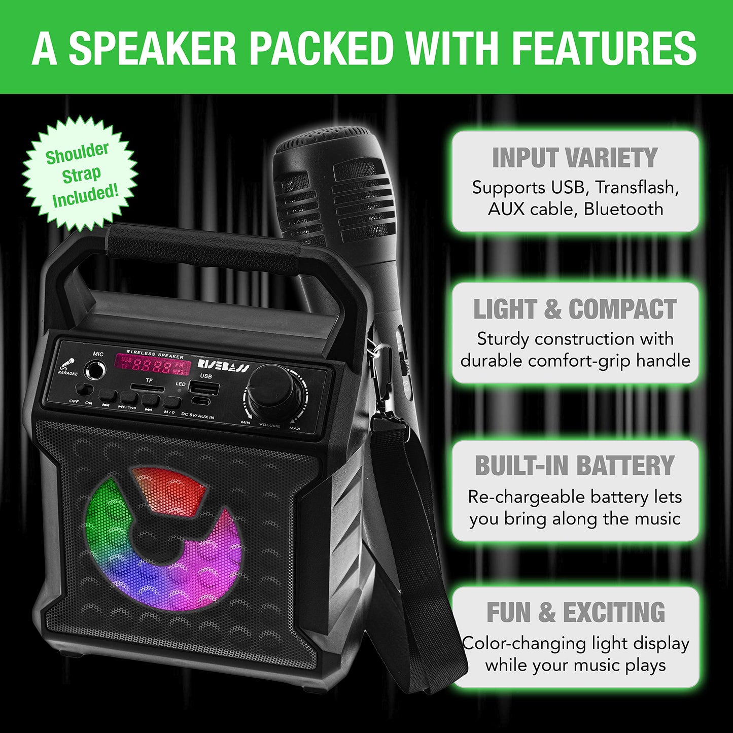 Risebass Portable Bluetooth Speaker with Microphone Set - Karaoke Machine for Kids and Adults with Party Lights - Rechargeable USB Speaker Set with FM Radio SD Card AUX, Fun Birthday gift idea for Kid