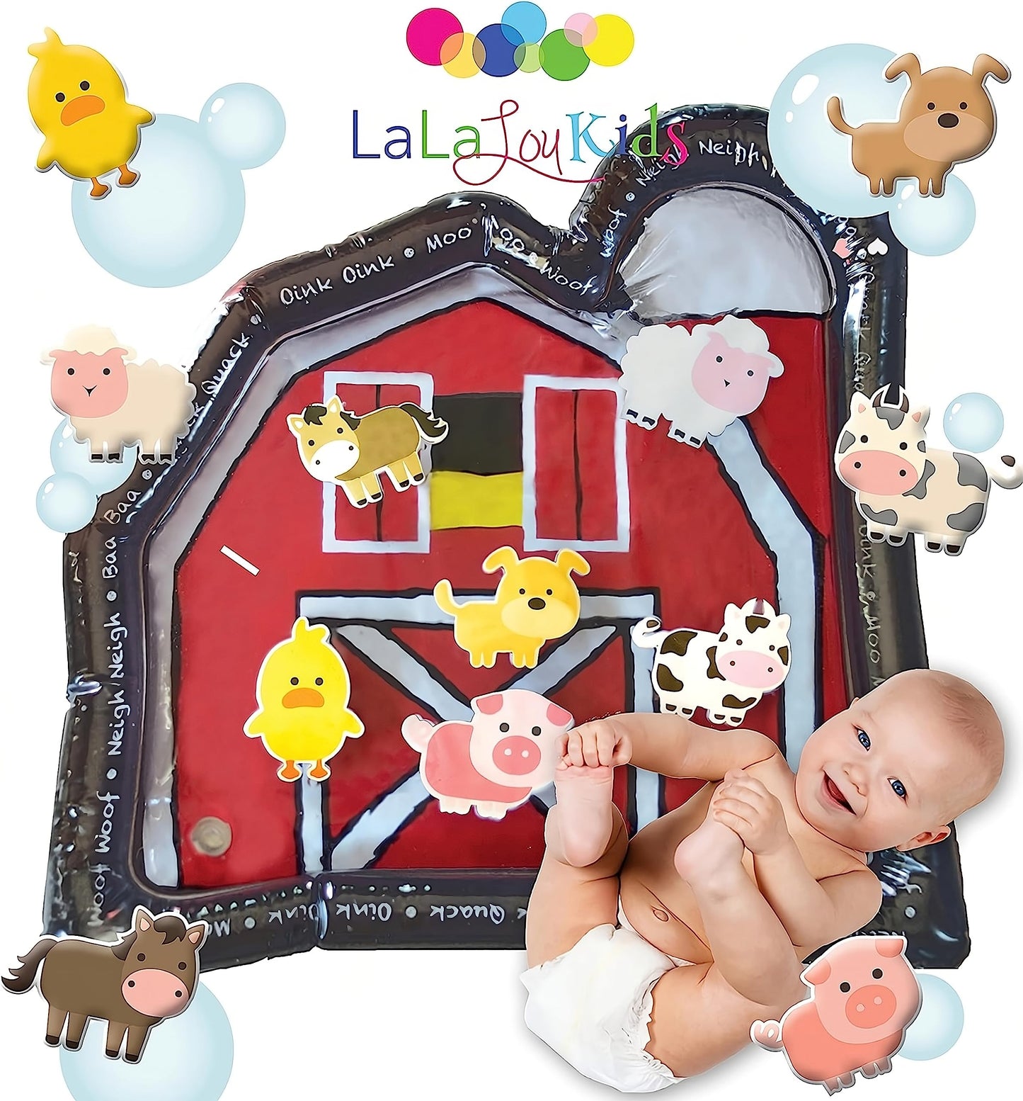 LaLa Lou Kids Tummy Time Mat Premium Inflatable Big Red Barn Farmer Toy Tummy Time Water Mat with Stimulation Toys Promoting Muscles Development and Motor Skills in Infants and Toddlers