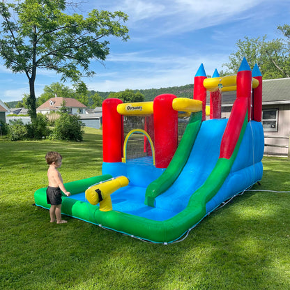 Outsunny 6-in-1 Kids Bounce House Inflatable Water Slide with Pool, Water Cannon, Climbing Wall, Inflator Included, Jumping Castle Kids Backyard Activity Outdoor Water Play Toy