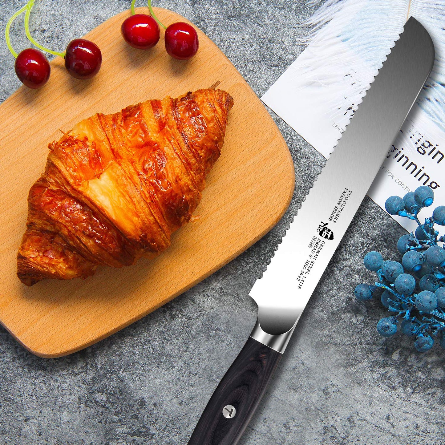 TUO Bread Knife 8 inch - Serrated Bread Slicing Knife Bread Cake Cutter German HC Steel with Pakkawood Handle -FALCON SERIES with Gift Box