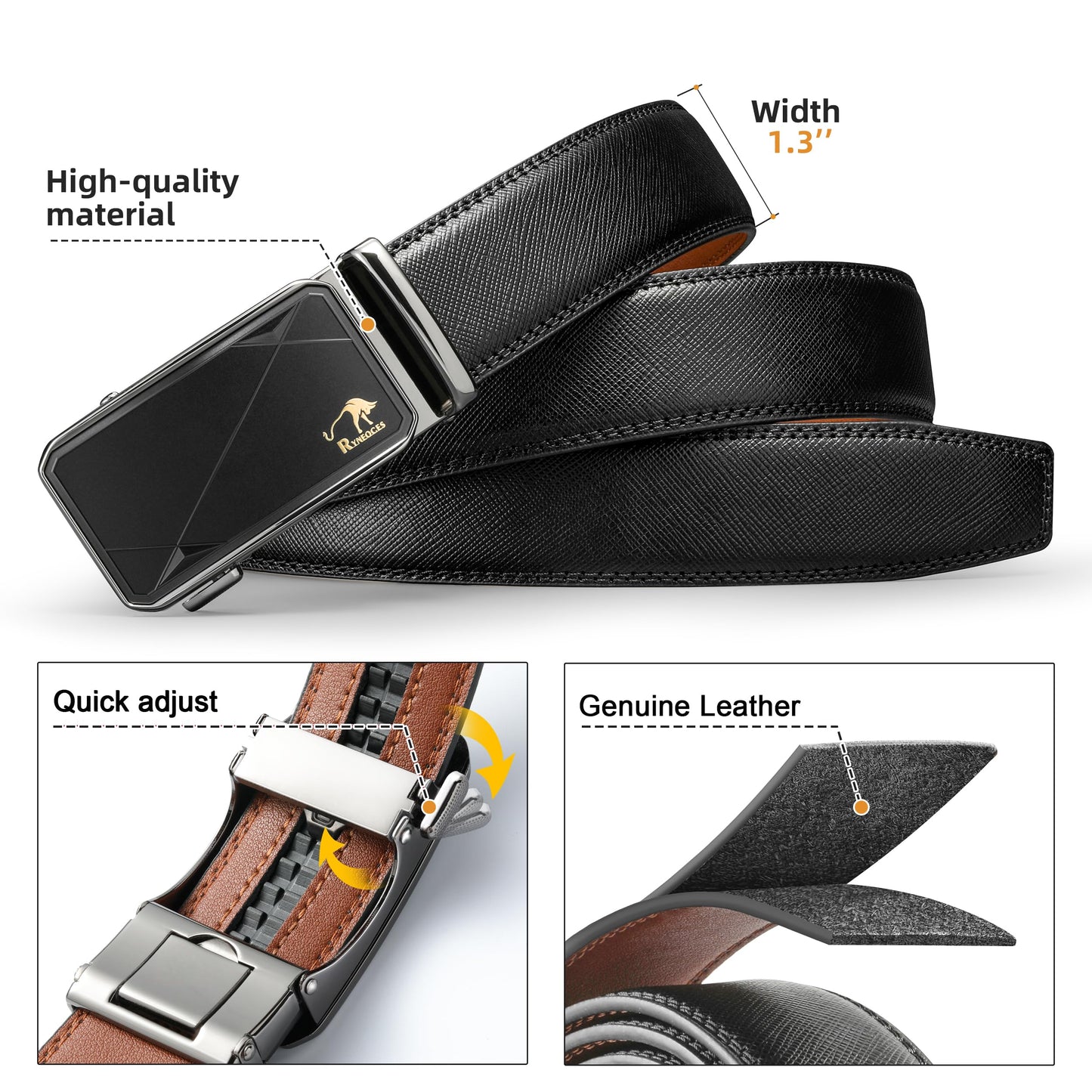 RYNEOCES Ratchet Belt for Men, 1 3/8" Genuine Leather Belt with Sliding Adjustable Buckle, Men's pants shirt belt, Elegant Gift Box (Black2444-1, 28-34 Waist Adjustable)