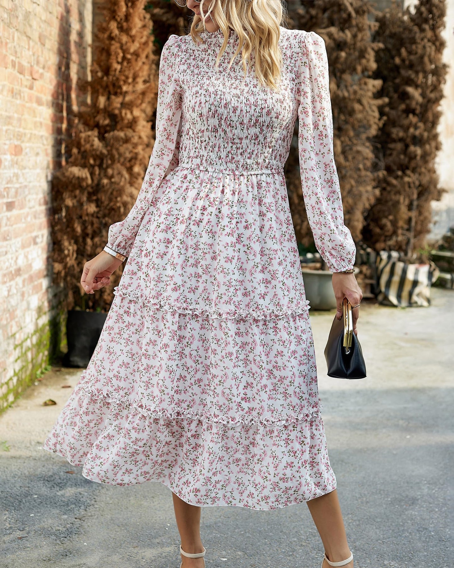 NOLLSOM Women 2025 Fall Dress Floral Casual Long Sleeve Crew Neck Ruffle A-Line Flowy Floral Boho Wedding Guest Maxi Dresses(White Pink Flower,XX-Large)