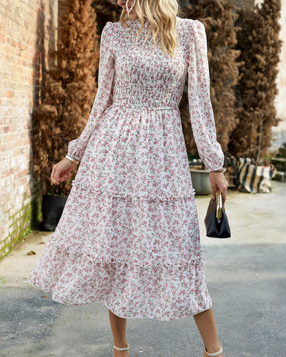 NOLLSOM Women 2025 Fall Dress Floral Casual Long Sleeve Crew Neck Ruffle A-Line Flowy Floral Boho Wedding Guest Maxi Dresses(White Pink Flower,XX-Large)