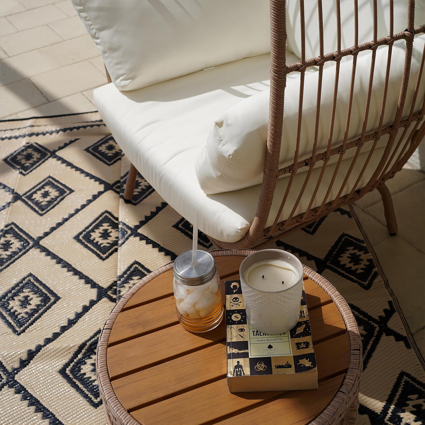 YITAHOME Wicker Egg Chair with Coffee Table Outdoor Indoor Oversized Lounger with Stand, Table, Cushions, Egg Basket Chair for Patio Backyard Porch - Beige