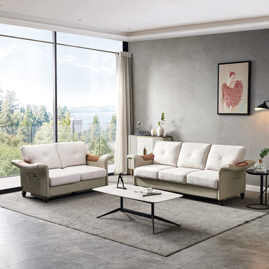 DHPM Sectional Faux Leather with Wood Leg, 2 Pieces Mid-Century Sofa Living Room Furniture Sets, Linen Upholstered Couch include 3 Seater and Loveseat for Home or Office (2+3 seat), Beige