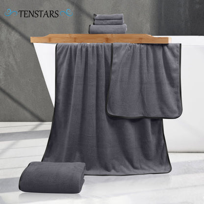 TENSTARS Luxury Silk Hemming Towel Set - Light Thin Quick Drying - 2 Bath Towels 2 Hand Towels 2 Washcloths - Ultra Soft Microfiber, for Bath Fitness, Sports, Yoga, Travel (Dark Grey 6 Pieces)