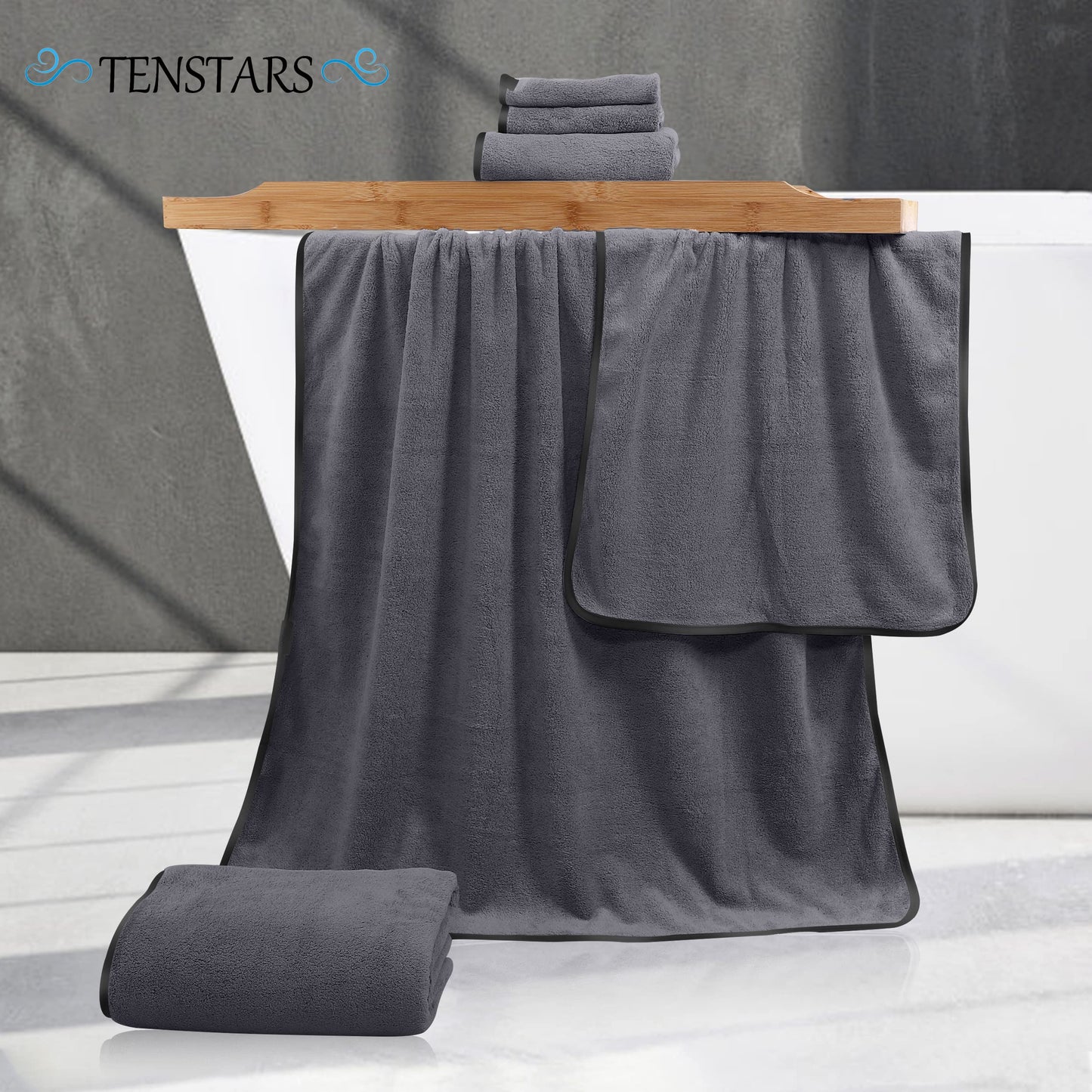 TENSTARS Luxury Silk Hemming Towel Set - Light Thin Quick Drying - 2 Bath Towels 2 Hand Towels 2 Washcloths - Ultra Soft Microfiber, for Bath Fitness, Sports, Yoga, Travel (Dark Grey 6 Pieces)