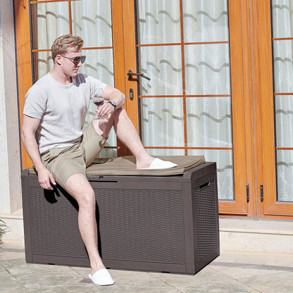 YITAHOME 100 Gallon Large Resin Deck Box Outdoor Storage with Cushion for Patio Furniture,Outdoor Cushions,Garden and Pool Supplies-Waterproof,Lockable (Brown)