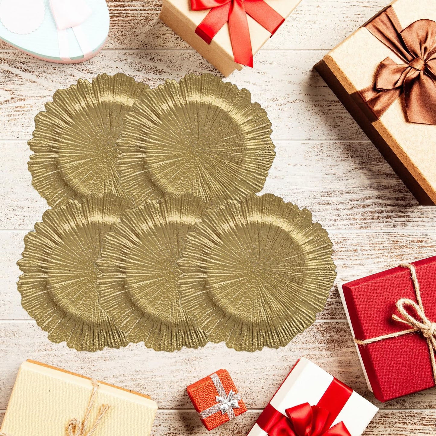 Leemxiiny Reef Gold Charger Plates, Set of 6 Decorative Chargers for Dinner Plates Bulk for Wedding, Party, Holiday, Thanksgiving, Christmas Table Setting