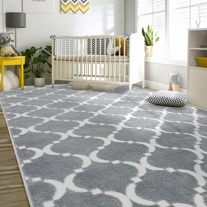 QXKAKA Soft Shag Modern Geometric Grey 4x6 Area Rugs for Living Room Bedroom, Machine Washable Memory Foam Carpet, Large Fluffy Rug for Kids Girls Nursery Dorm Home Decor, Light Gray