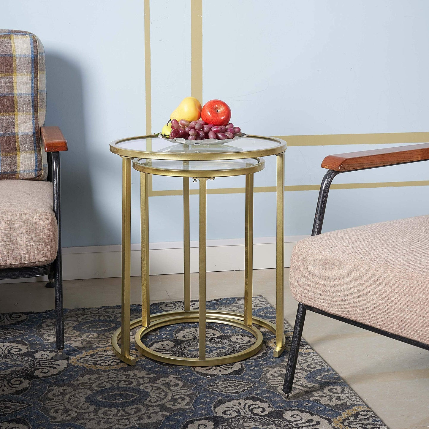 RiteSune Gold Glass Nesting Side End Tables Set of 2, Round Small Stacking Drink Coffee Table for Small Space, Living Room, Bedroom, Christmas, New Year