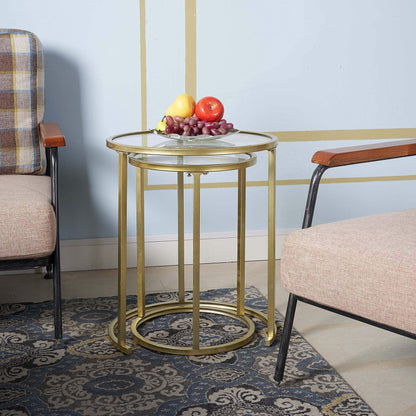 RiteSune Gold Glass Nesting Side End Tables Set of 2, Round Small Stacking Drink Coffee Table for Small Space, Living Room, Bedroom, Christmas, New Year