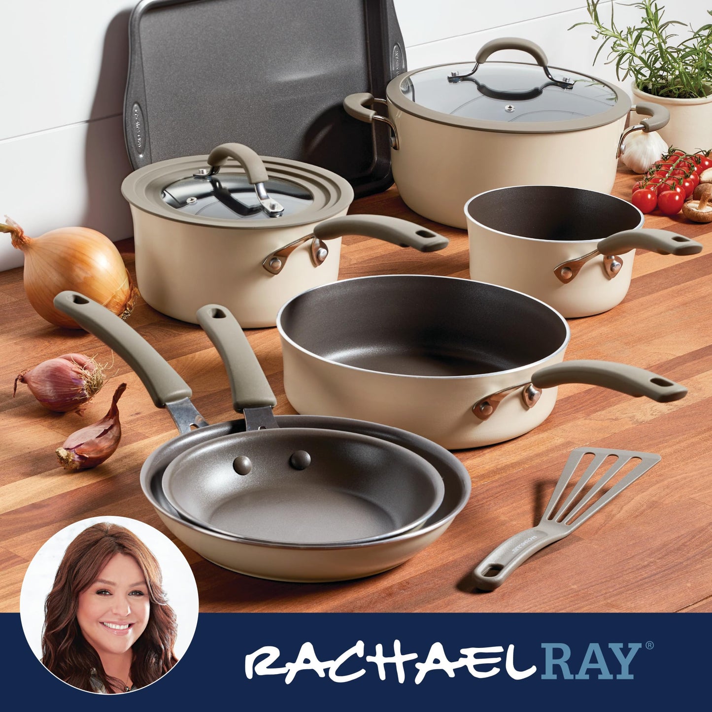 Rachael Ray Cook + Create Nonstick Cookware Pots and Pans Set, Includes Baking Sheet Pan and Cooking Utensil, 10 Piece - Almond