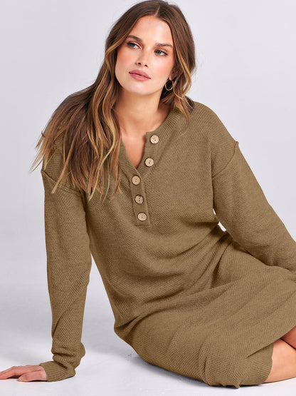 ANRABESS Women Long Sleeve Button V Neck Oversized Casual Loose Fit Waffle Knit Fall Midi Sweater Dress 2024 Trendy Outfits Khaki Medium