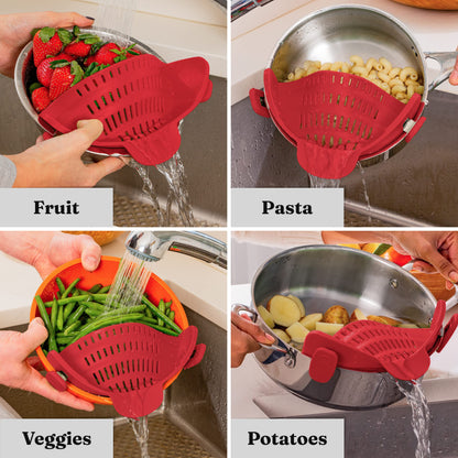 Kitchen Gizmo Snap N Strain Pot Strainer and Pasta Strainer - Adjustable Silicone Clip On Strainer for Pots, Pans, and Bowls - Kitchen Colander - Red Large