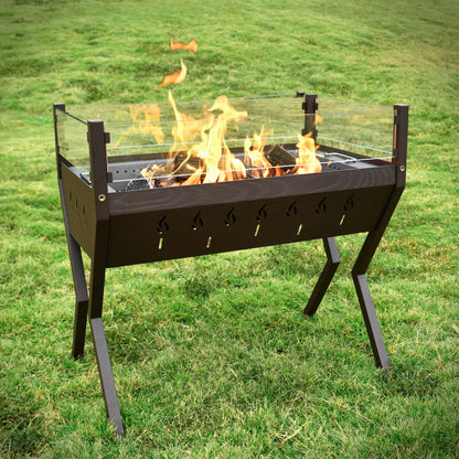 Rectangular Fire Pit for Outside, Outdoor Wood Burning Fire Pit for Patio Backyard Garden Deck Camping, Bonfire Campfire Metal Fire Pit Table with Glass Wind Guard, Brown