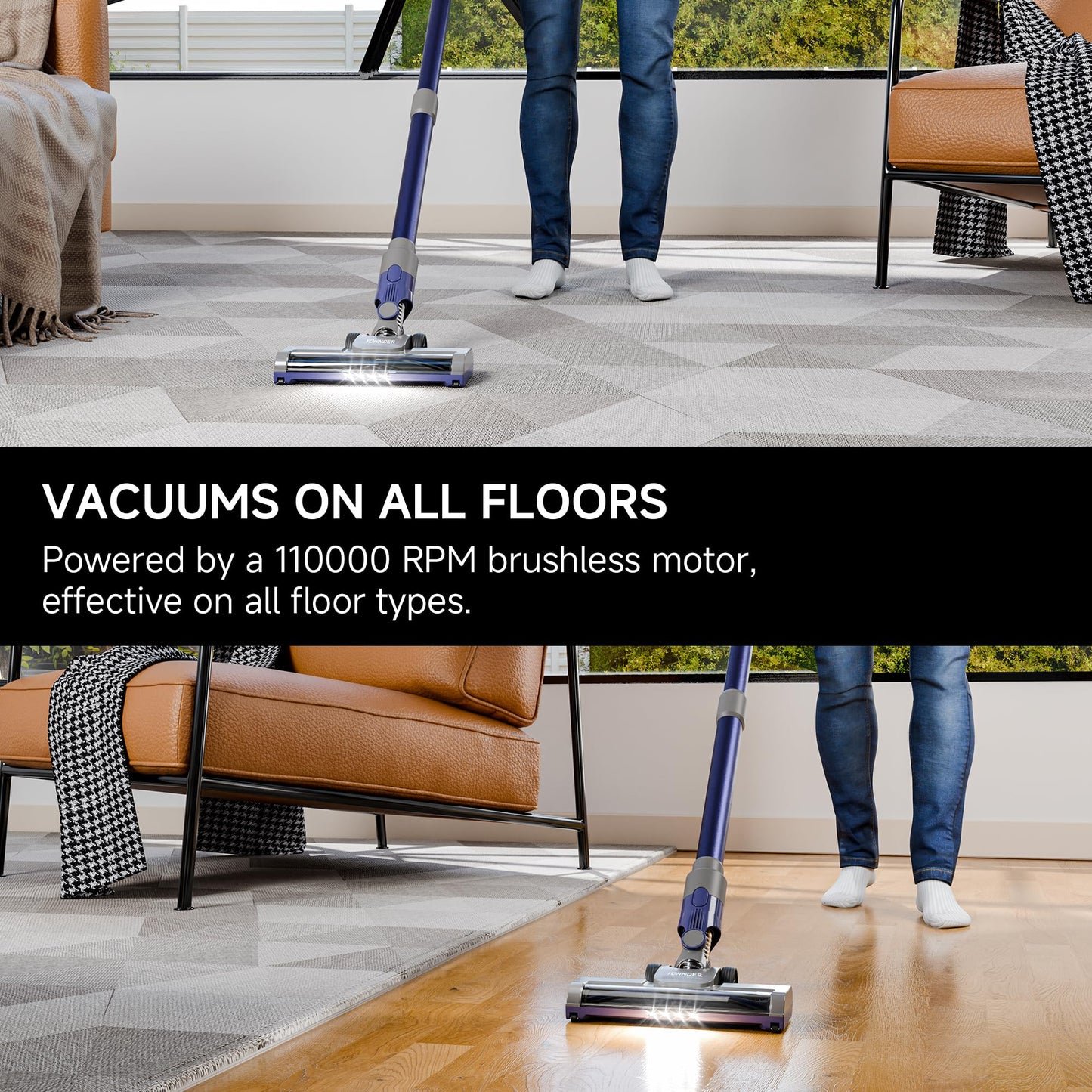 YONNDER E1 Cordless Vacuum Cleaner - Brushless Motor, Rechargeable, 35min Runtime on HardFloor, 18min on Carpet, Removable 2000mAh 22.2V Li-ion Battery, Motorized Brush, LED Headlight, Telescopic Tube