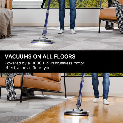 YONNDER E1 Cordless Vacuum Cleaner - Brushless Motor, Rechargeable, 35min Runtime on HardFloor, 18min on Carpet, Removable 2000mAh 22.2V Li-ion Battery, Motorized Brush, LED Headlight, Telescopic Tube