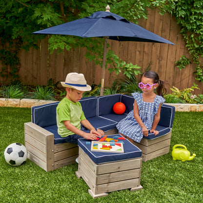 KidKraft Wooden Outdoor Sectional Ottoman & Umbrella Set with Cushions, Patio Furniture for Kids or Pets, Barnwood Gray & Navy