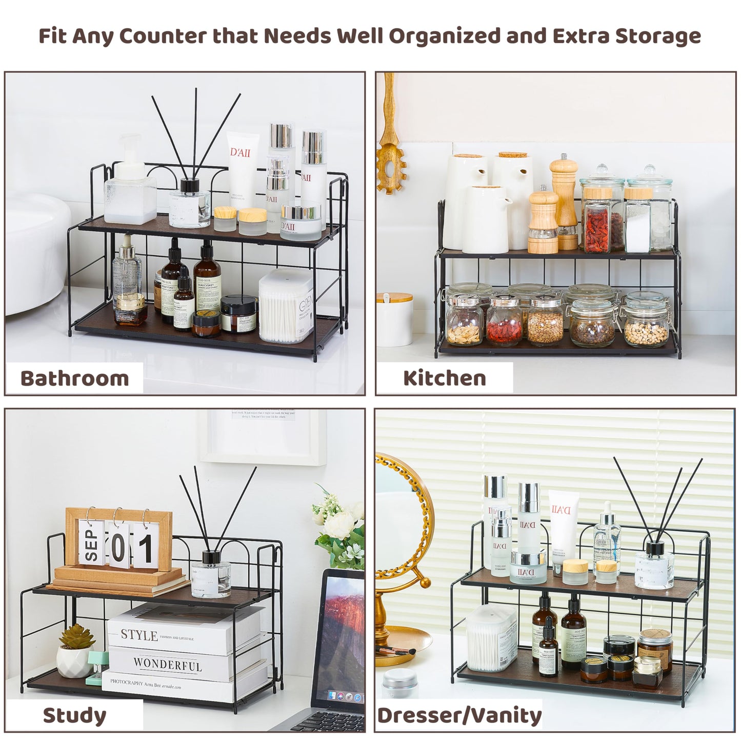 Edergoo Bathroom Counter Organizer 10s Tool-Free Install, 2 Tier Bathroom Organizers and Storage, Collapsible Bathroom Organizer Countertop, Wood Bathroom Kitchen Countertop Organizer, Black