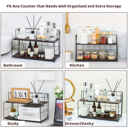 Edergoo Bathroom Counter Organizer 10s Tool-Free Install, 2 Tier Bathroom Organizers and Storage, Collapsible Bathroom Organizer Countertop, Wood Bathroom Kitchen Countertop Organizer, Black