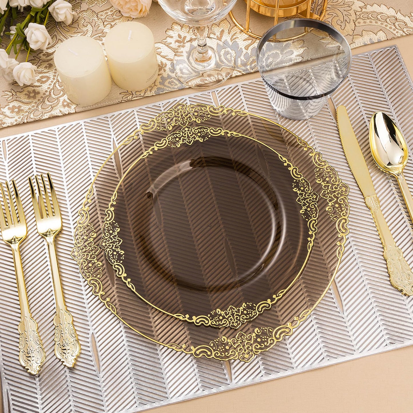 Bestluck 350PCS Clear Black Plastic Plates for 50 Guests, Disposable Plates with Gold Trim include 50 Dinner plates, 50 Dessert Plates, 150 Gold Silverware, 50 Cups, 50 Napkins for Wedding & Party