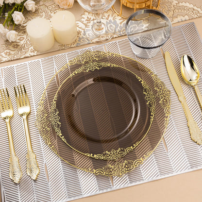 Bestluck 350PCS Clear Black Plastic Plates for 50 Guests, Disposable Plates with Gold Trim include 50 Dinner plates, 50 Dessert Plates, 150 Gold Silverware, 50 Cups, 50 Napkins for Wedding & Party