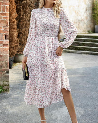 NOLLSOM Women 2025 Fall Dress Floral Casual Long Sleeve Crew Neck Ruffle A-Line Flowy Floral Boho Wedding Guest Maxi Dresses(White Pink Flower,XX-Large)