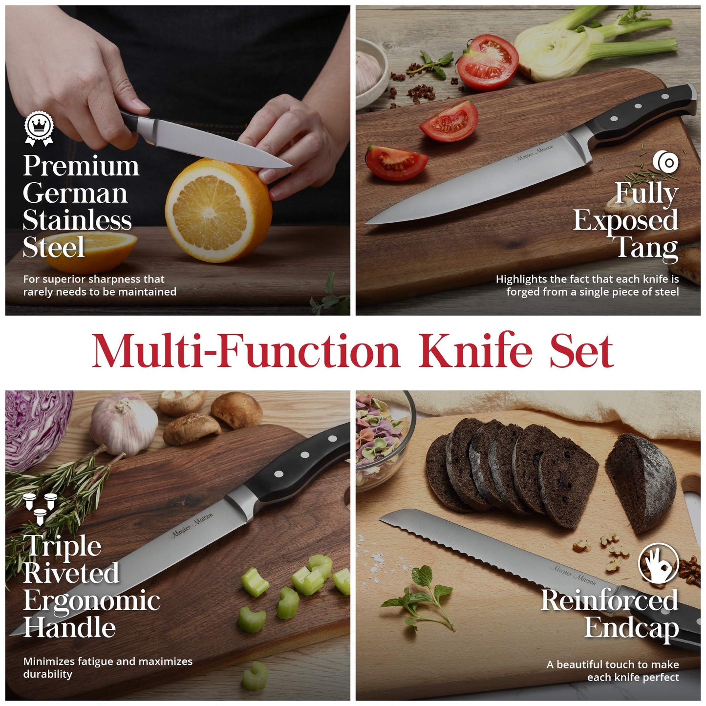 Master Maison 7-Piece Premium Black Kitchen Knife Set with Knife Block & Dual Knife Sharpener German Stainless Steel Knives | Professional Butcher Block Knife Set For Kitchen | Chef Knife Sets